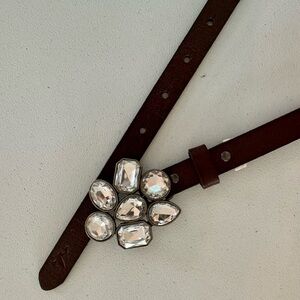 Hollister brown leather belt with clear rhinestone gem buckle M/L